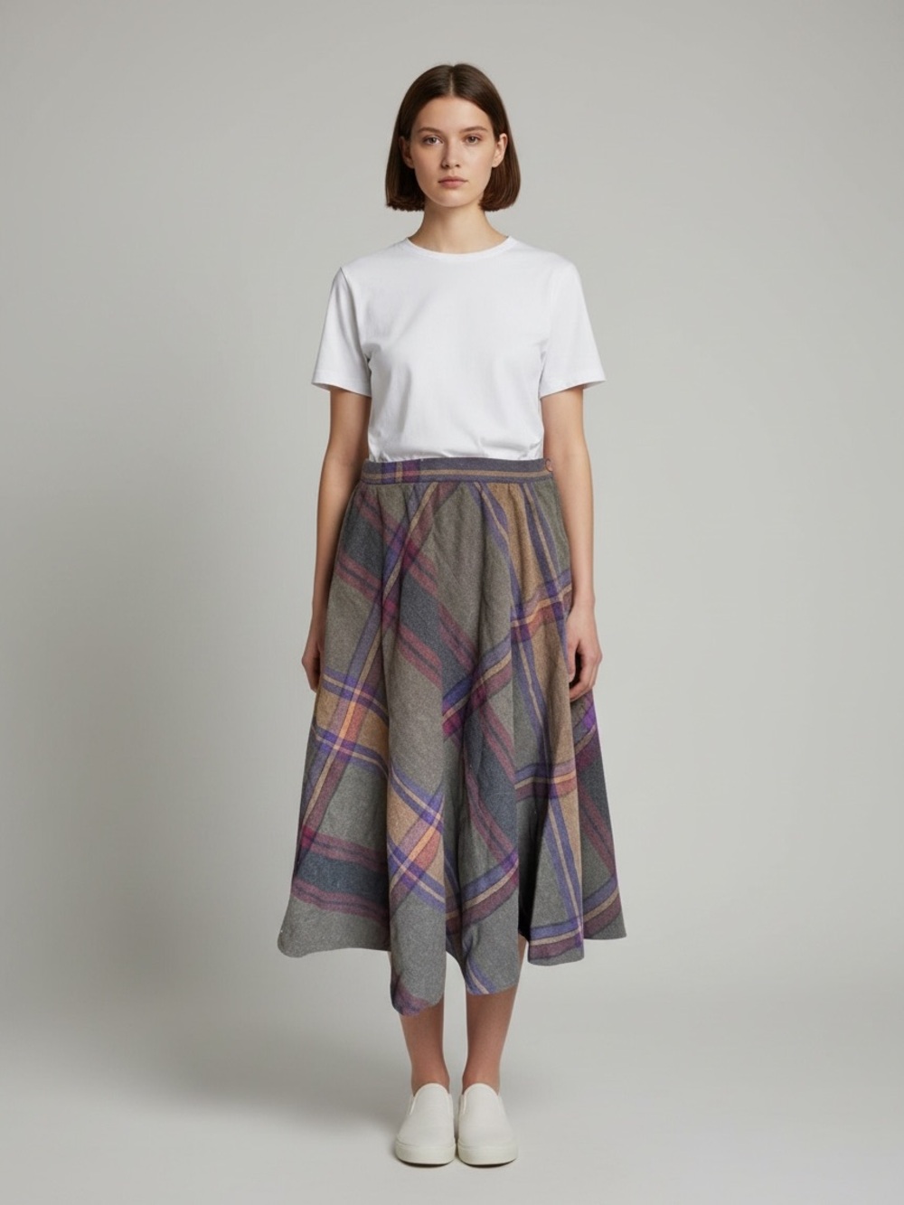 Vintage JcPenney Plaid A-Line Midi Skirt in Gray, Purple & Tan